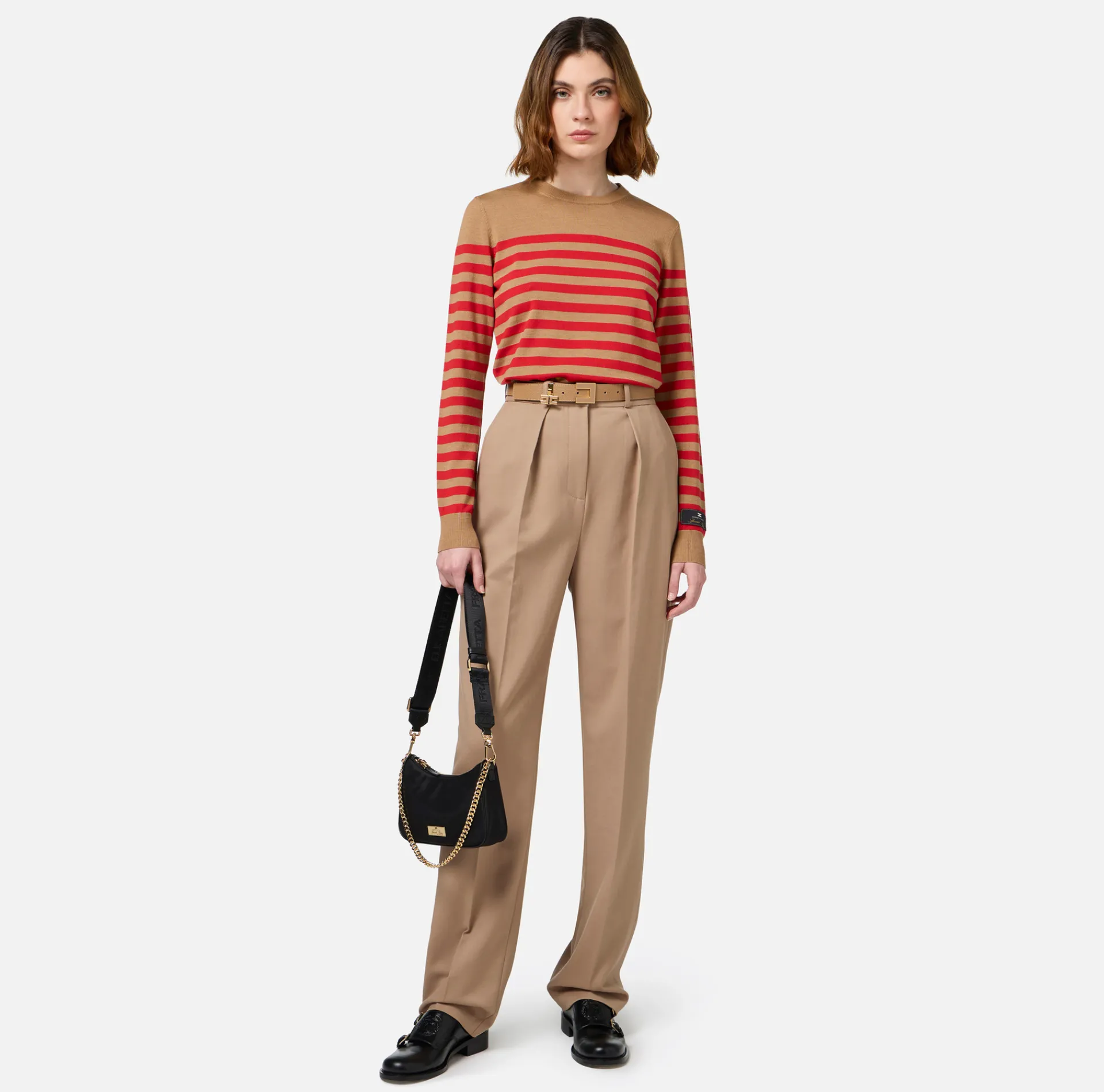 Elisabetta Franchi Knitwear And Sweatshirts|Striped wool jumper Camel/RedPassion
