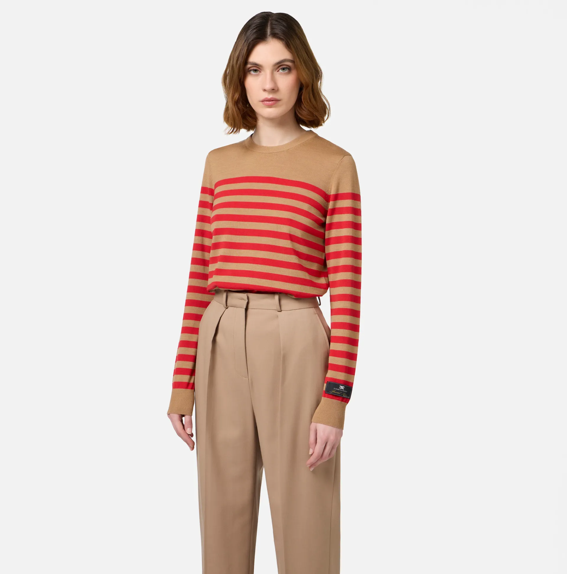 Elisabetta Franchi Knitwear And Sweatshirts|Striped wool jumper Camel/RedPassion