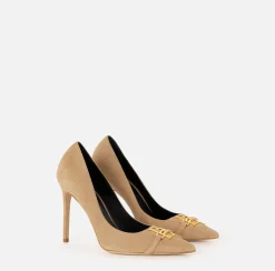 Elisabetta Franchi Pumps|Suede pump with logo plaque Camel