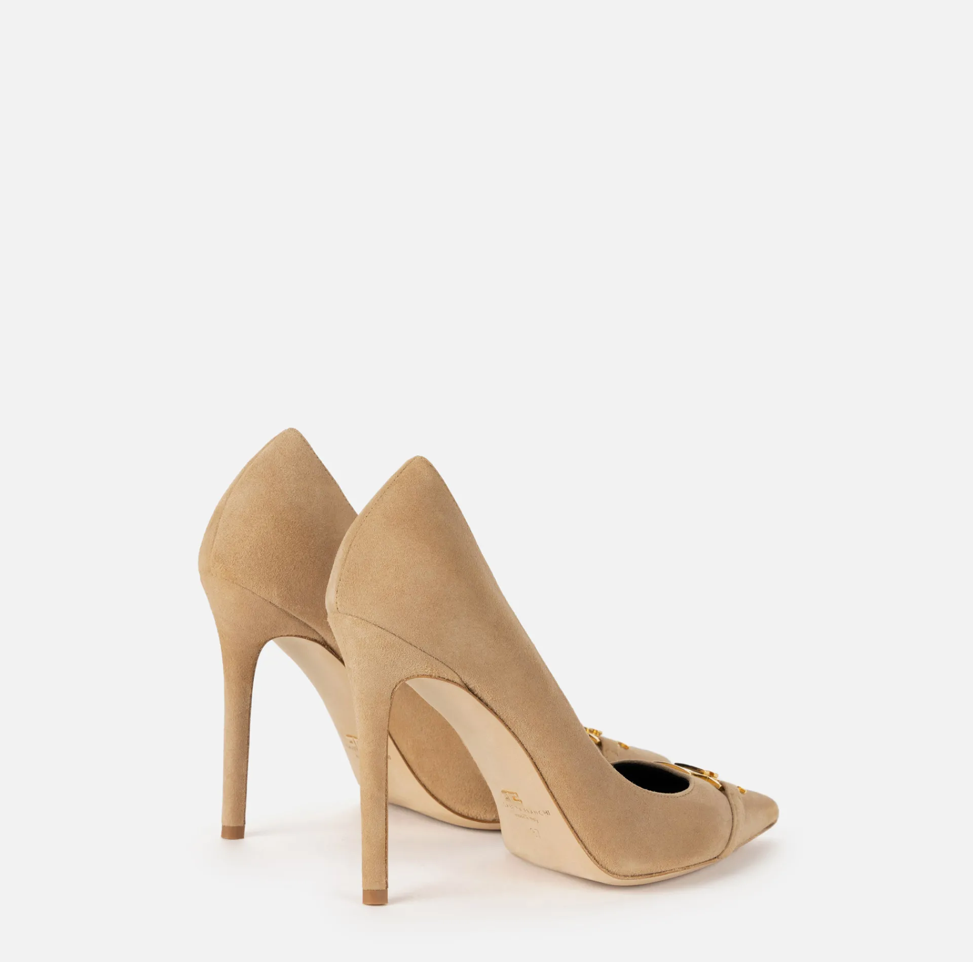 Elisabetta Franchi Pumps|Suede pump with logo plaque Camel