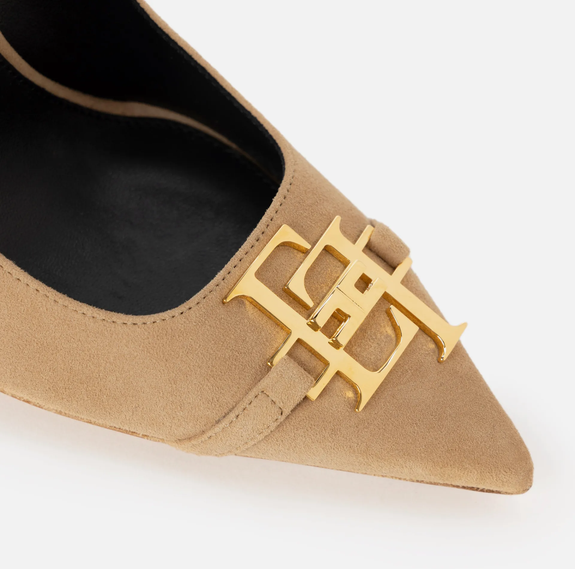 Elisabetta Franchi Pumps|Suede pump with logo plaque Camel