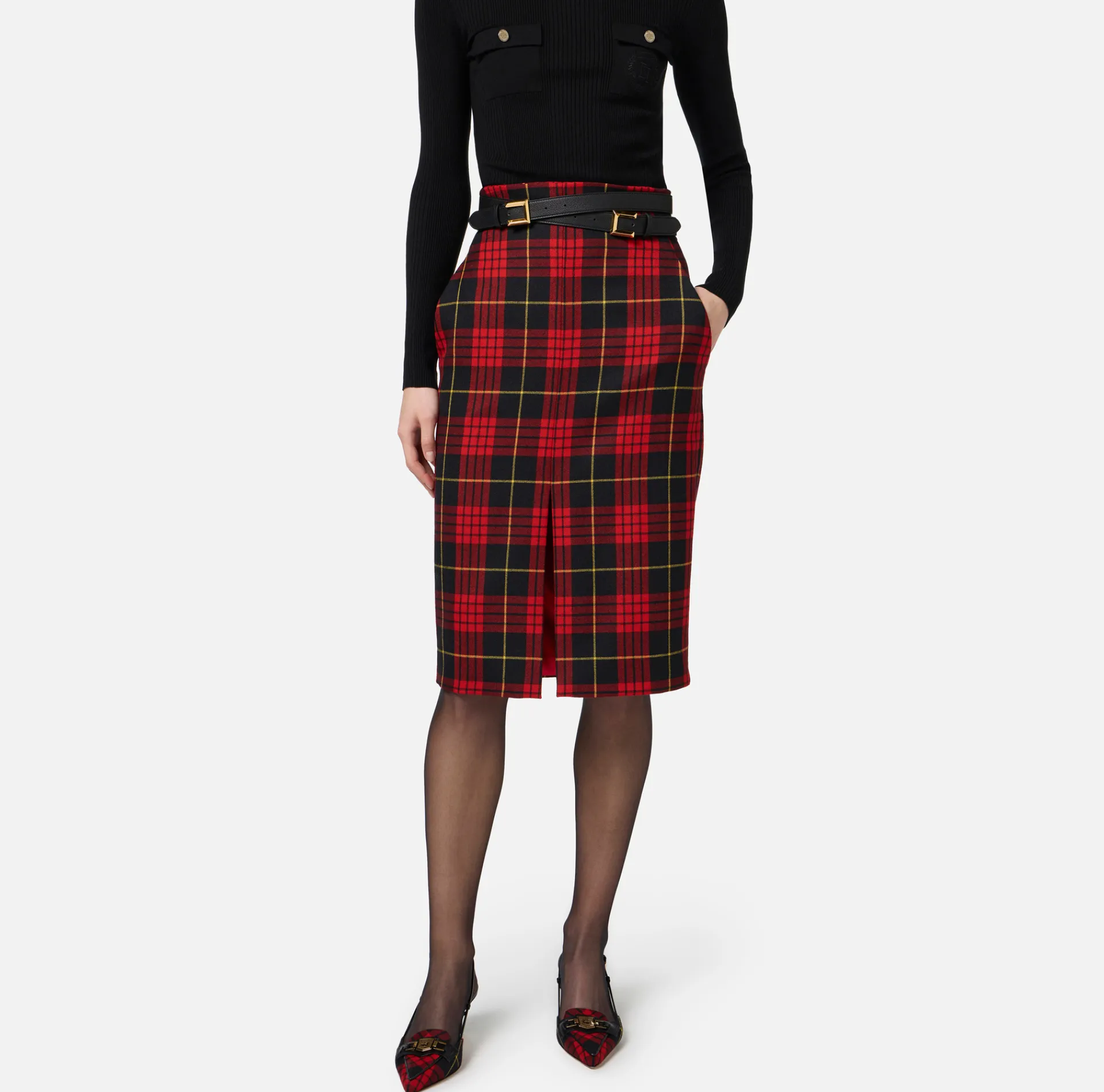 Elisabetta Franchi Skirts|Tartan wool midi skirt with belt