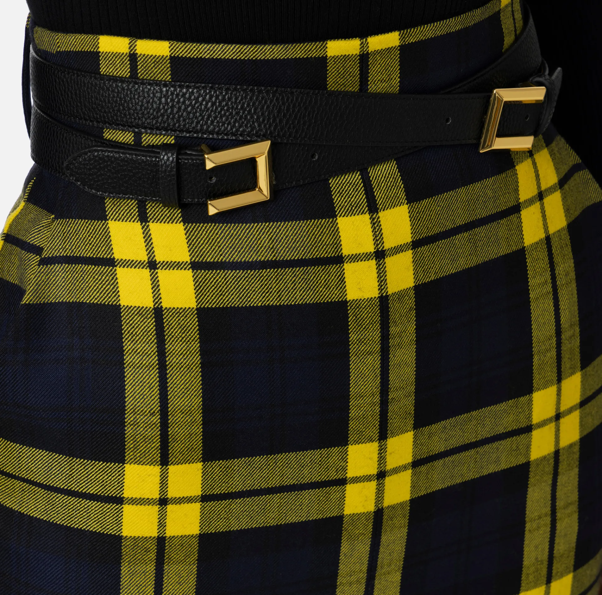 Elisabetta Franchi Skirts|Tartan wool midi skirt with belt Navy/Mimosa