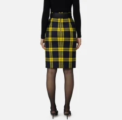 Elisabetta Franchi Skirts|Tartan wool midi skirt with belt Navy/Mimosa