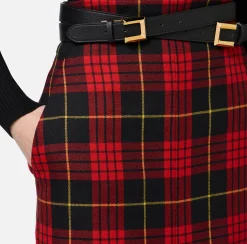 Elisabetta Franchi Skirts|Tartan wool midi skirt with belt Black/RedPassion
