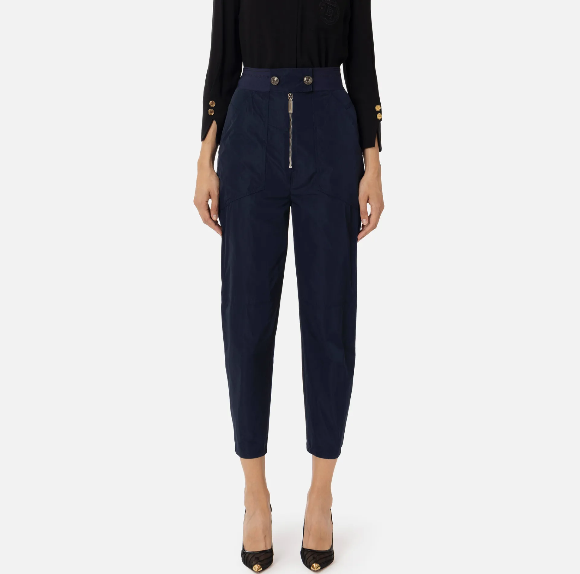 Elisabetta Franchi Trousers And Shorts|Technical nylon boyfriend trousers with logoed elastic Navy