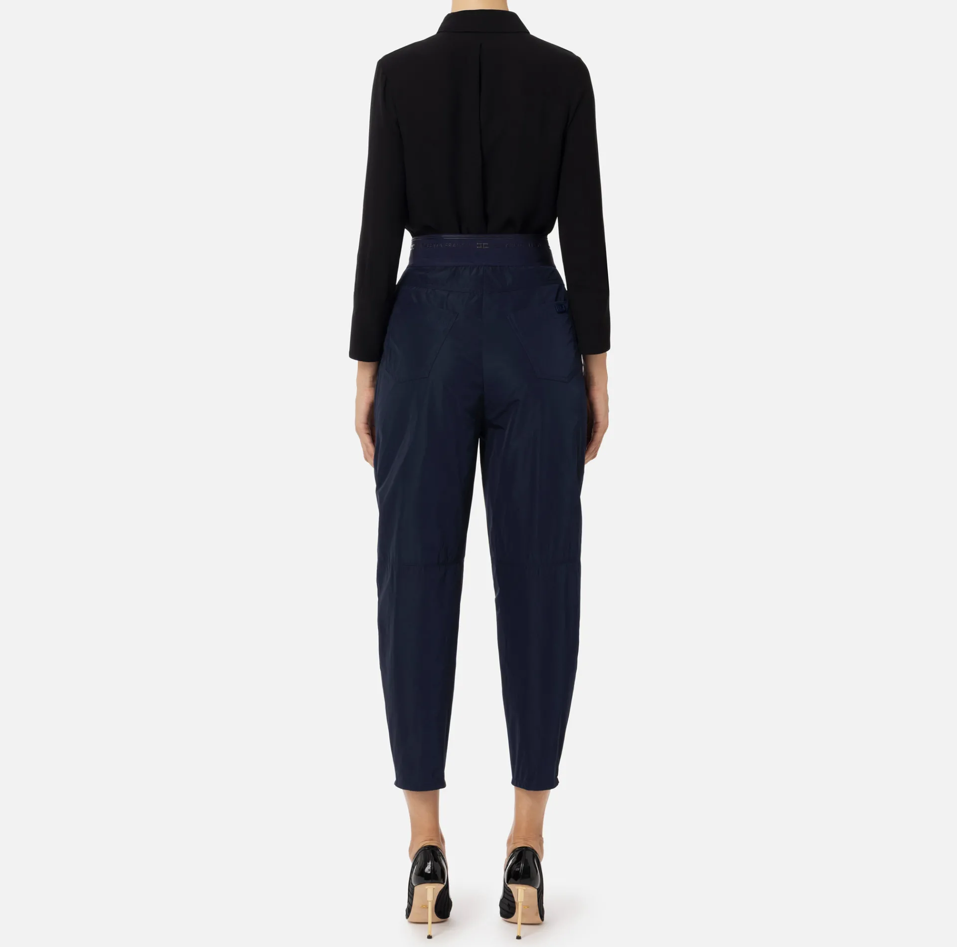 Elisabetta Franchi Trousers And Shorts|Technical nylon boyfriend trousers with logoed elastic Navy