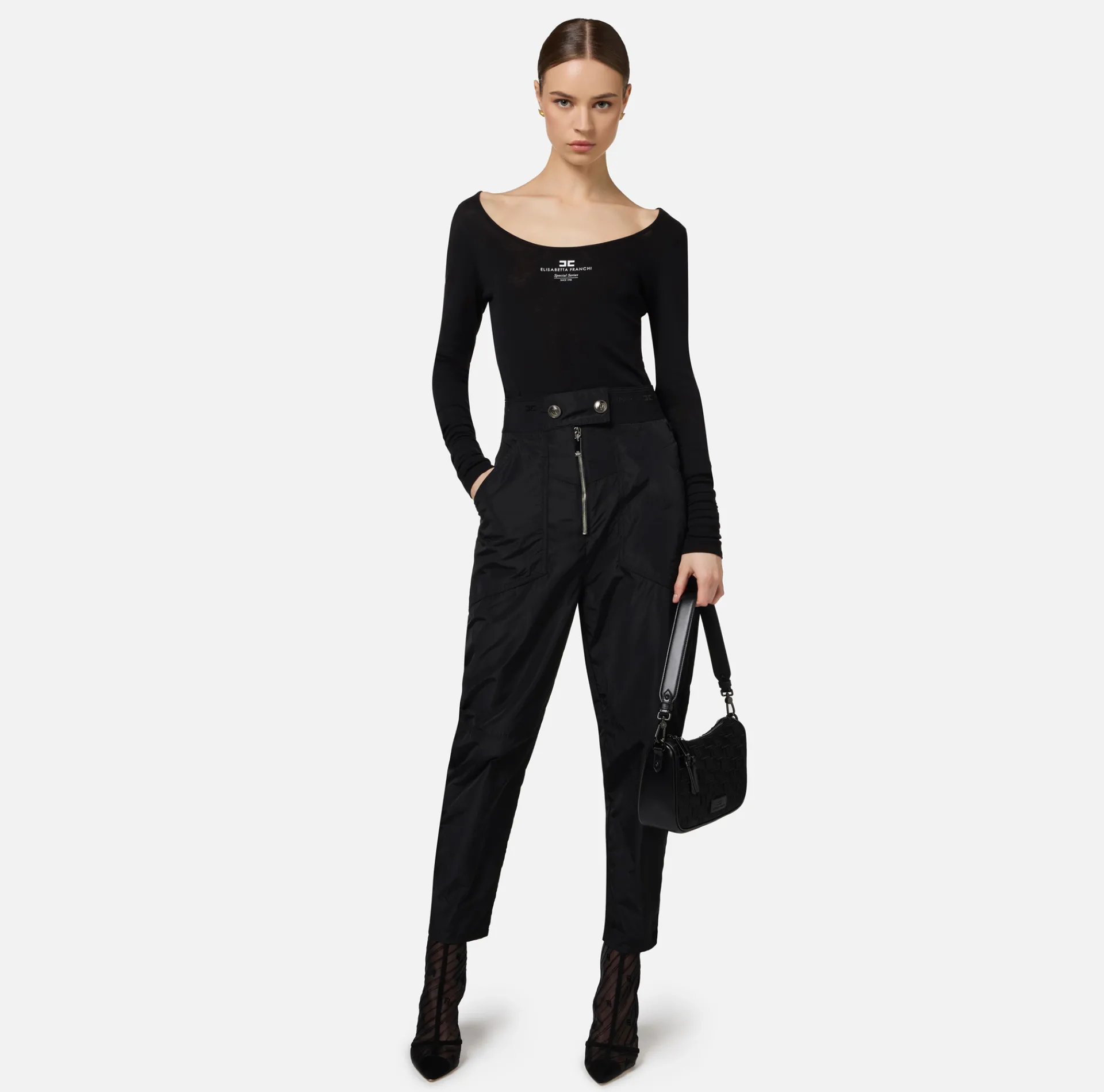 Elisabetta Franchi Trousers And Shorts|Technical nylon boyfriend trousers with logoed elastic