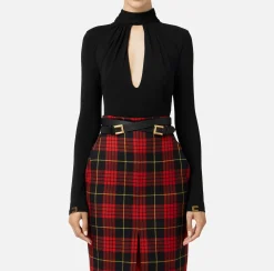 Elisabetta Franchi Top And T-Shirts|Tie neck bodysuit in jersey fabric Black