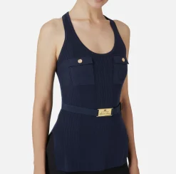 Elisabetta Franchi Top And T-Shirts|Top in narrow-ribbed viscose and silk fabric with logo embroidery Navy