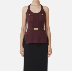 Elisabetta Franchi Top And T-Shirts|Top in narrow-ribbed viscose and silk fabric with logo embroidery RougeNoir