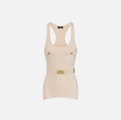 Elisabetta Franchi Top And T-Shirts|Top in narrow-ribbed viscose and silk fabric with logo embroidery Latex
