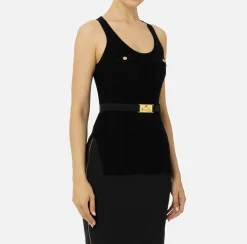 Elisabetta Franchi Top And T-Shirts|Top in narrow-ribbed viscose and silk fabric with logo embroidery Black