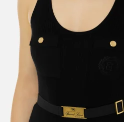 Elisabetta Franchi Top And T-Shirts|Top in narrow-ribbed viscose and silk fabric with logo embroidery Black