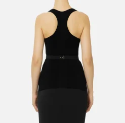 Elisabetta Franchi Top And T-Shirts|Top in narrow-ribbed viscose and silk fabric with logo embroidery Black