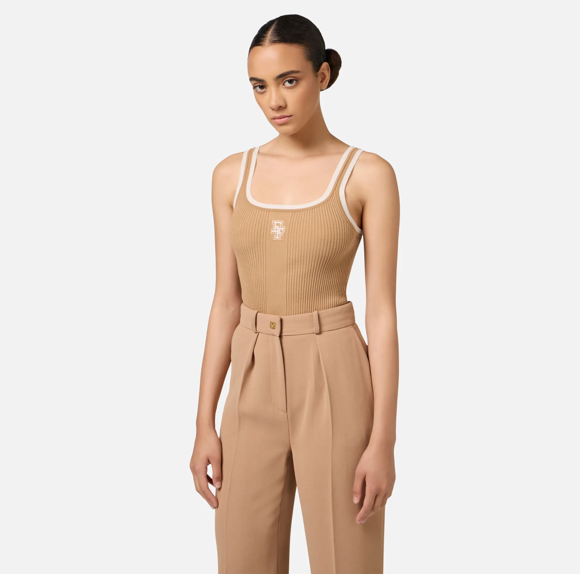 Elisabetta Franchi Top And T-Shirts|Top in viscose fabric with college-style logo Camel/Butter