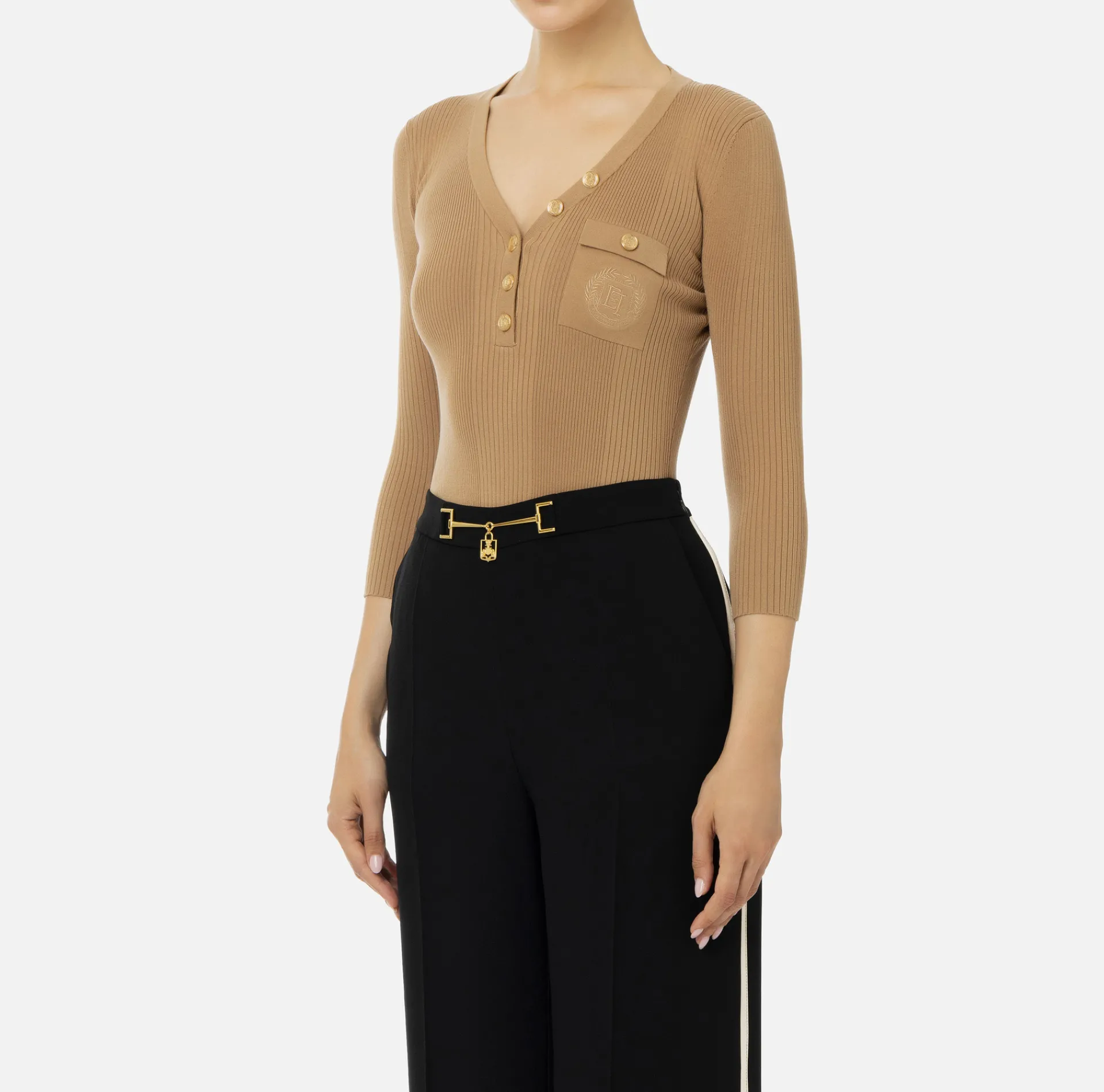Elisabetta Franchi Knitwear And Sweatshirts|Top with V-neck in narrow-ribbed lyocell and silk fabric with logo embroidery Camel