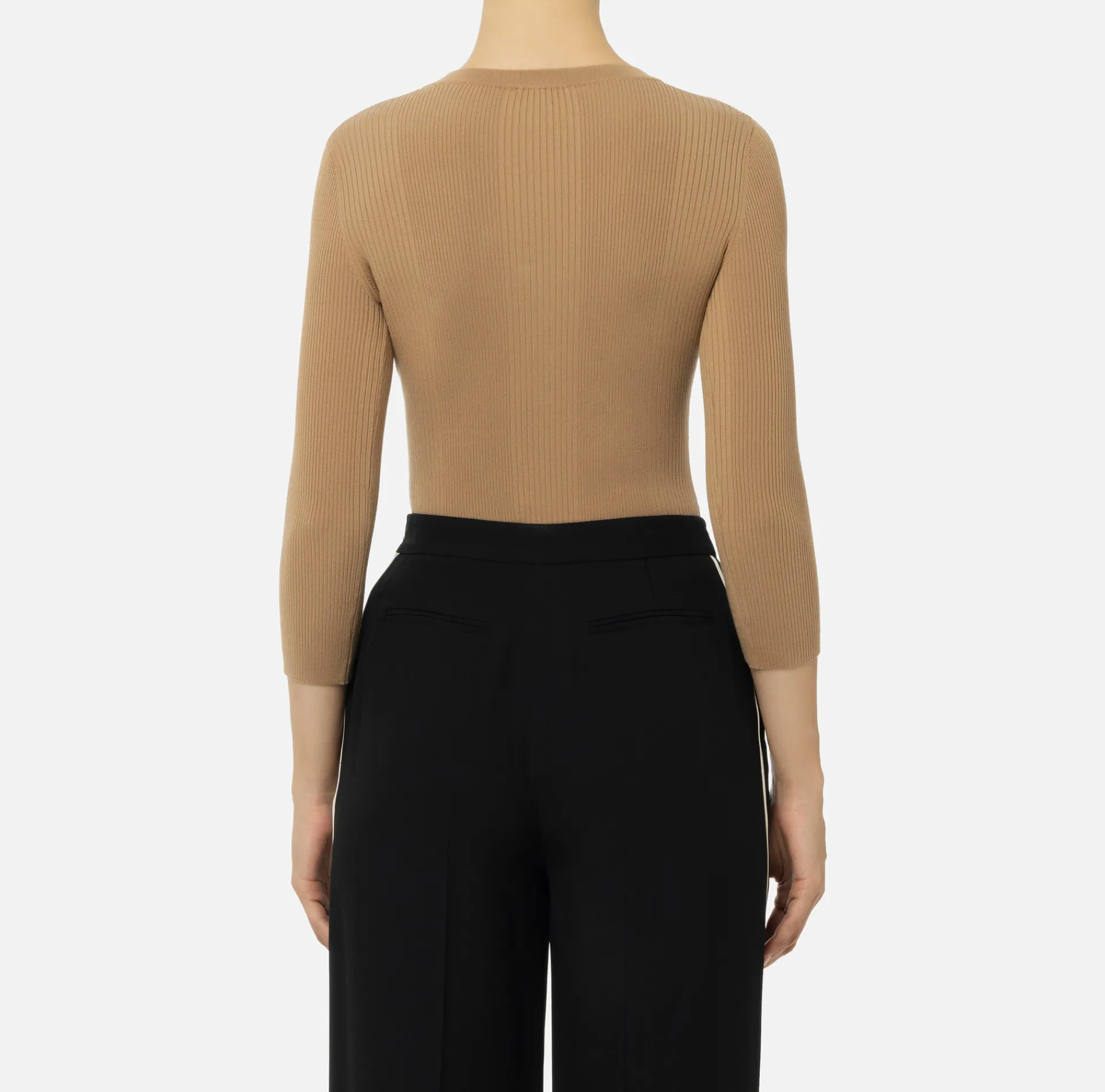 Elisabetta Franchi Knitwear And Sweatshirts|Top with V-neck in narrow-ribbed lyocell and silk fabric with logo embroidery Camel