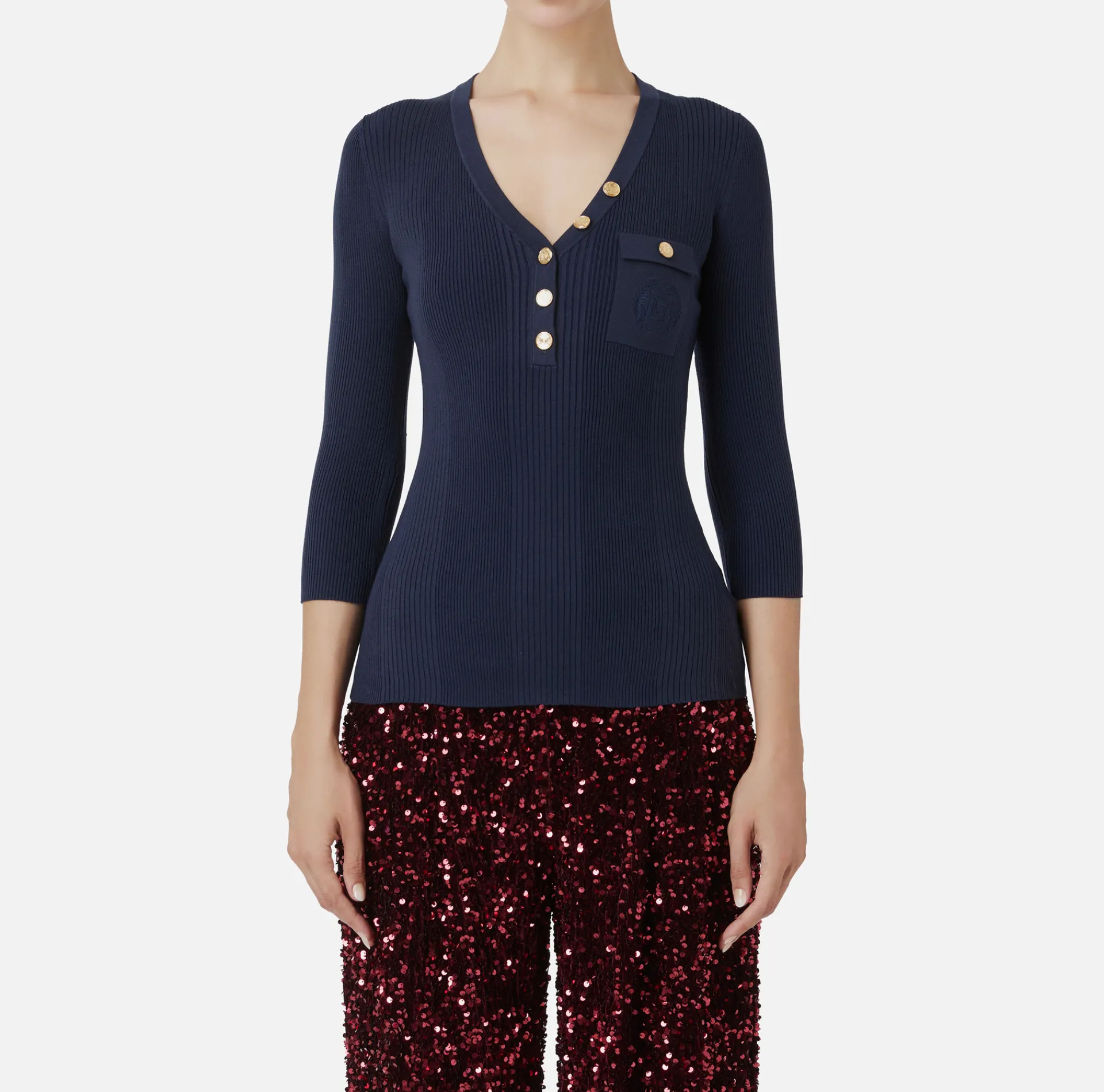 Elisabetta Franchi Knitwear And Sweatshirts|Top with V-neck in narrow-ribbed lyocell and silk fabric with logo embroidery Navy