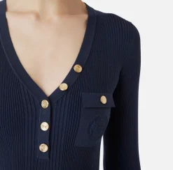 Elisabetta Franchi Knitwear And Sweatshirts|Top with V-neck in narrow-ribbed lyocell and silk fabric with logo embroidery Navy