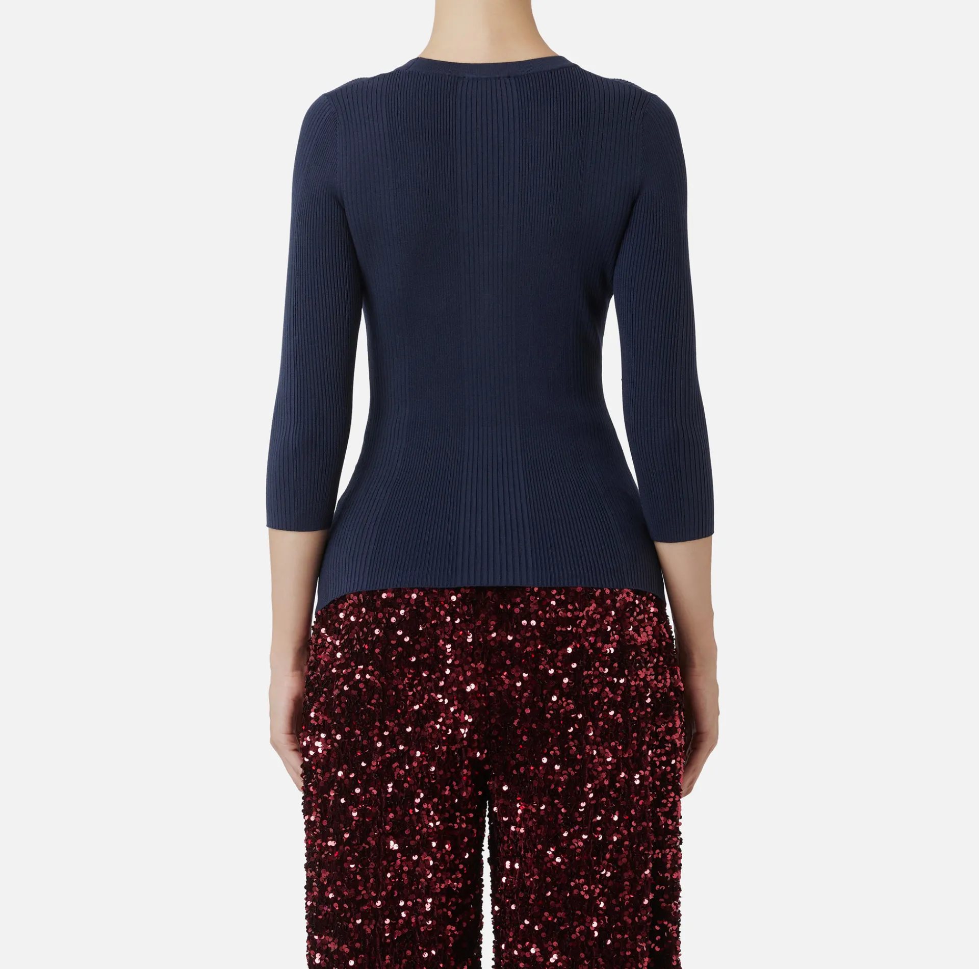 Elisabetta Franchi Knitwear And Sweatshirts|Top with V-neck in narrow-ribbed lyocell and silk fabric with logo embroidery Navy