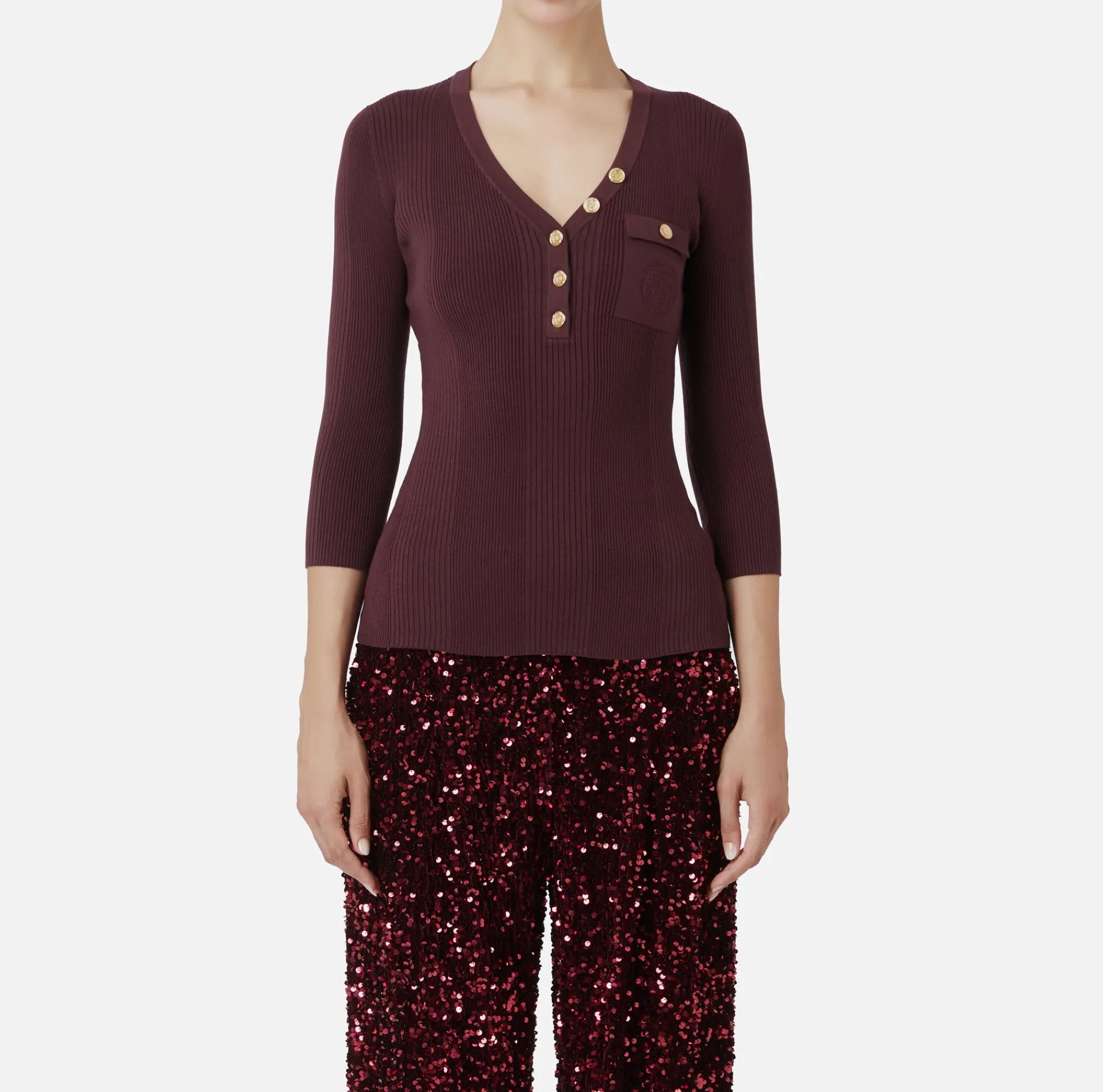 Elisabetta Franchi Knitwear And Sweatshirts|Top with V-neck in narrow-ribbed lyocell and silk fabric with logo embroidery RougeNoir