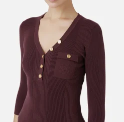 Elisabetta Franchi Knitwear And Sweatshirts|Top with V-neck in narrow-ribbed lyocell and silk fabric with logo embroidery RougeNoir