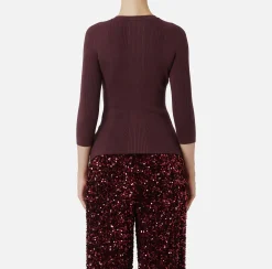 Elisabetta Franchi Knitwear And Sweatshirts|Top with V-neck in narrow-ribbed lyocell and silk fabric with logo embroidery RougeNoir