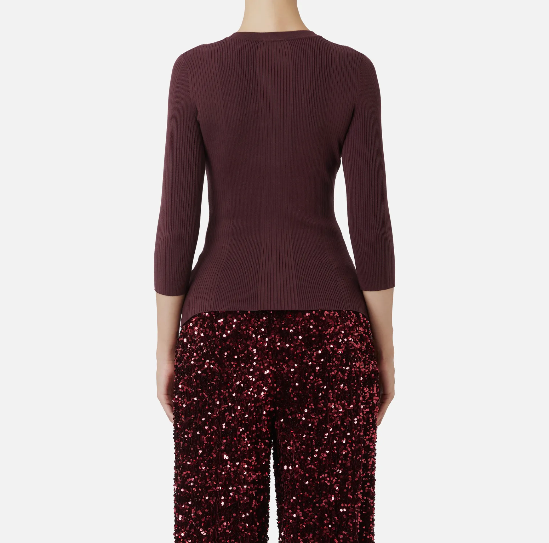 Elisabetta Franchi Knitwear And Sweatshirts|Top with V-neck in narrow-ribbed lyocell and silk fabric with logo embroidery RougeNoir