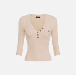 Elisabetta Franchi Knitwear And Sweatshirts|Top with V-neck in narrow-ribbed lyocell and silk fabric with logo embroidery Latex