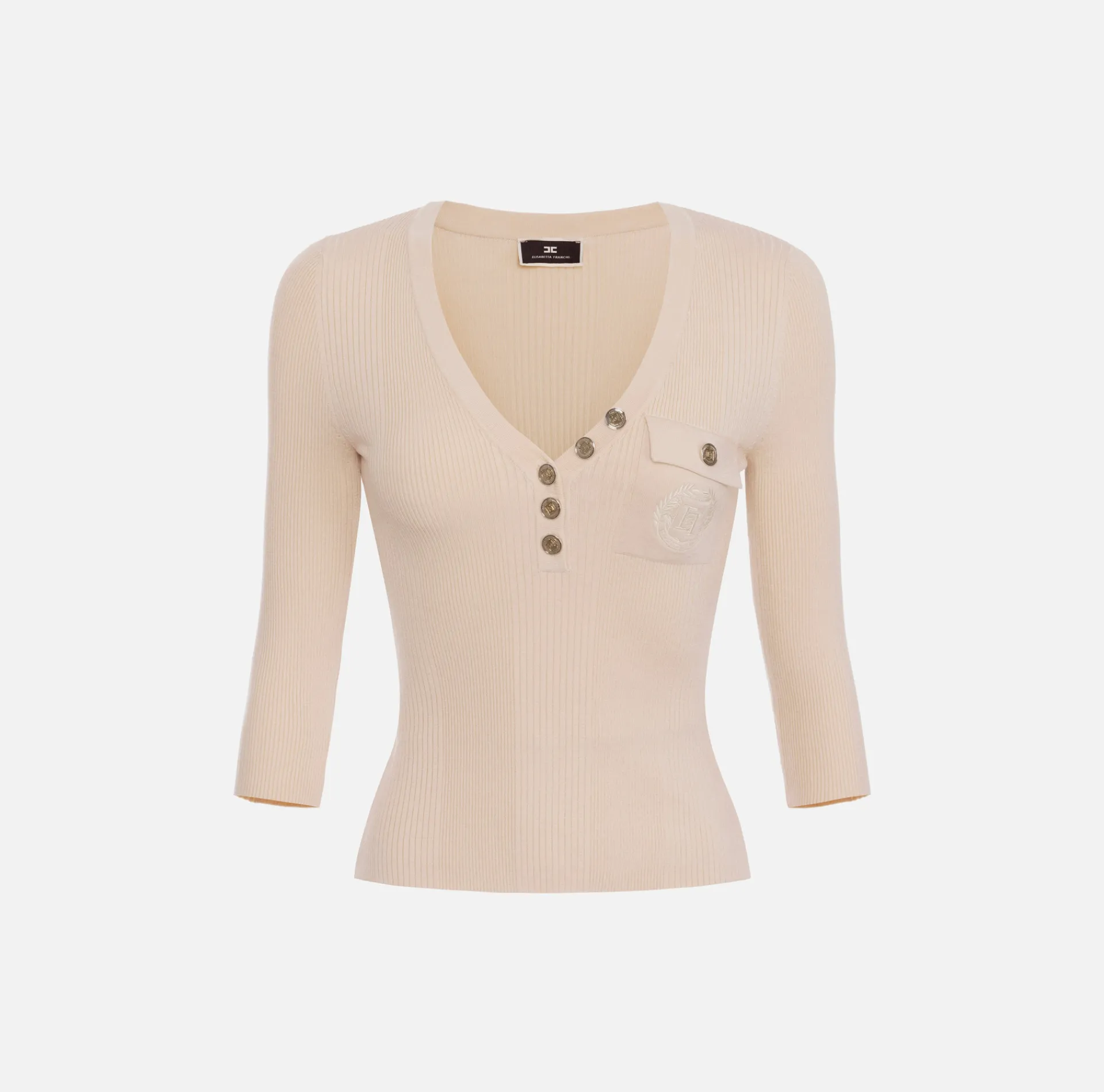Elisabetta Franchi Knitwear And Sweatshirts|Top with V-neck in narrow-ribbed lyocell and silk fabric with logo embroidery Latex