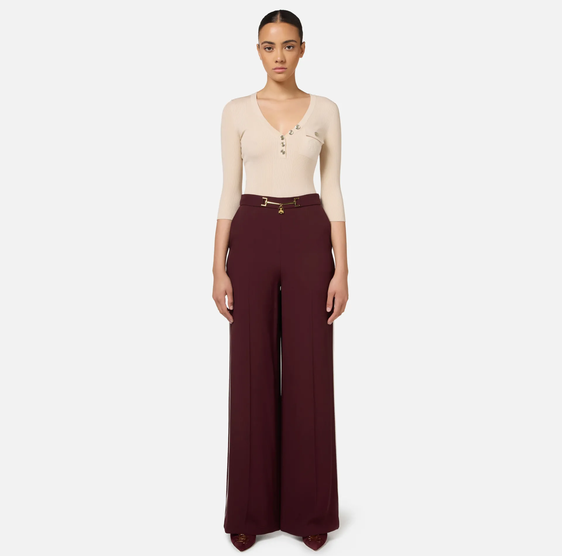Elisabetta Franchi Knitwear And Sweatshirts|Top with V-neck in narrow-ribbed lyocell and silk fabric with logo embroidery Latex