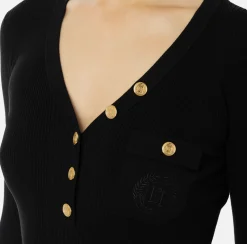 Elisabetta Franchi Knitwear And Sweatshirts|Top with V-neck in narrow-ribbed lyocell and silk fabric with logo embroidery Black