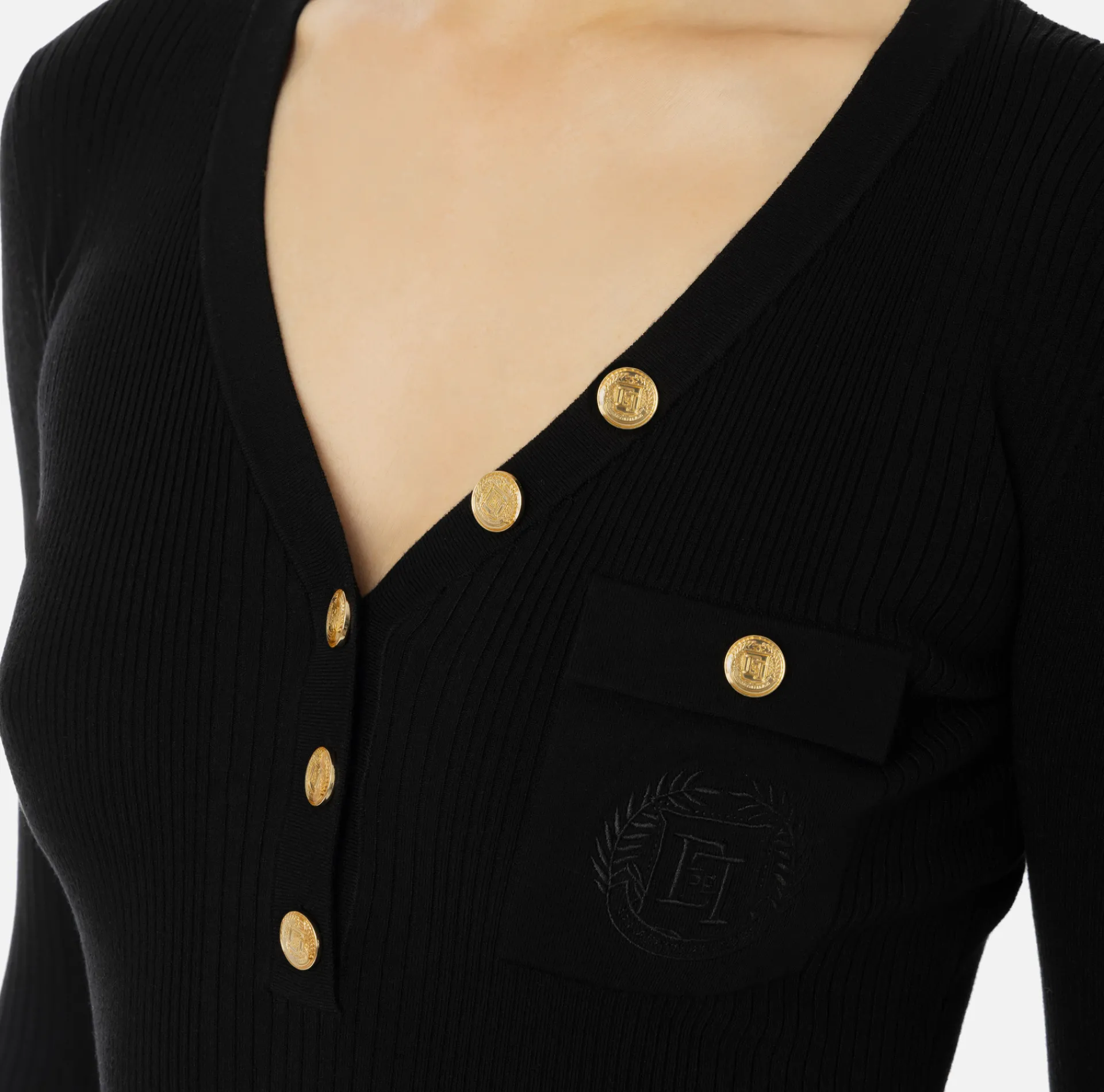 Elisabetta Franchi Knitwear And Sweatshirts|Top with V-neck in narrow-ribbed lyocell and silk fabric with logo embroidery Black
