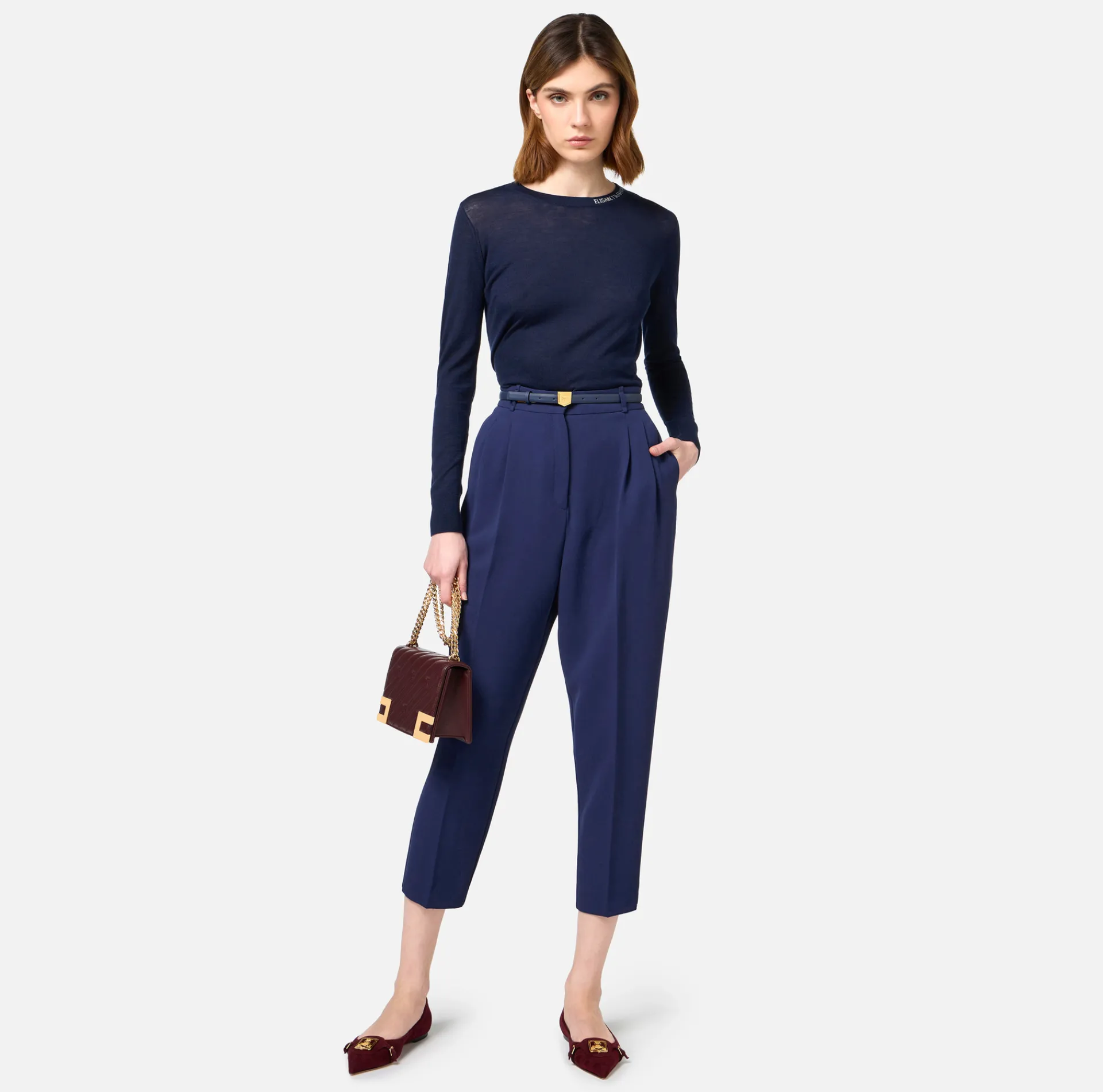 Elisabetta Franchi Trousers And Shorts|Trousers in crêpe fabric with belt and embroidery Navy