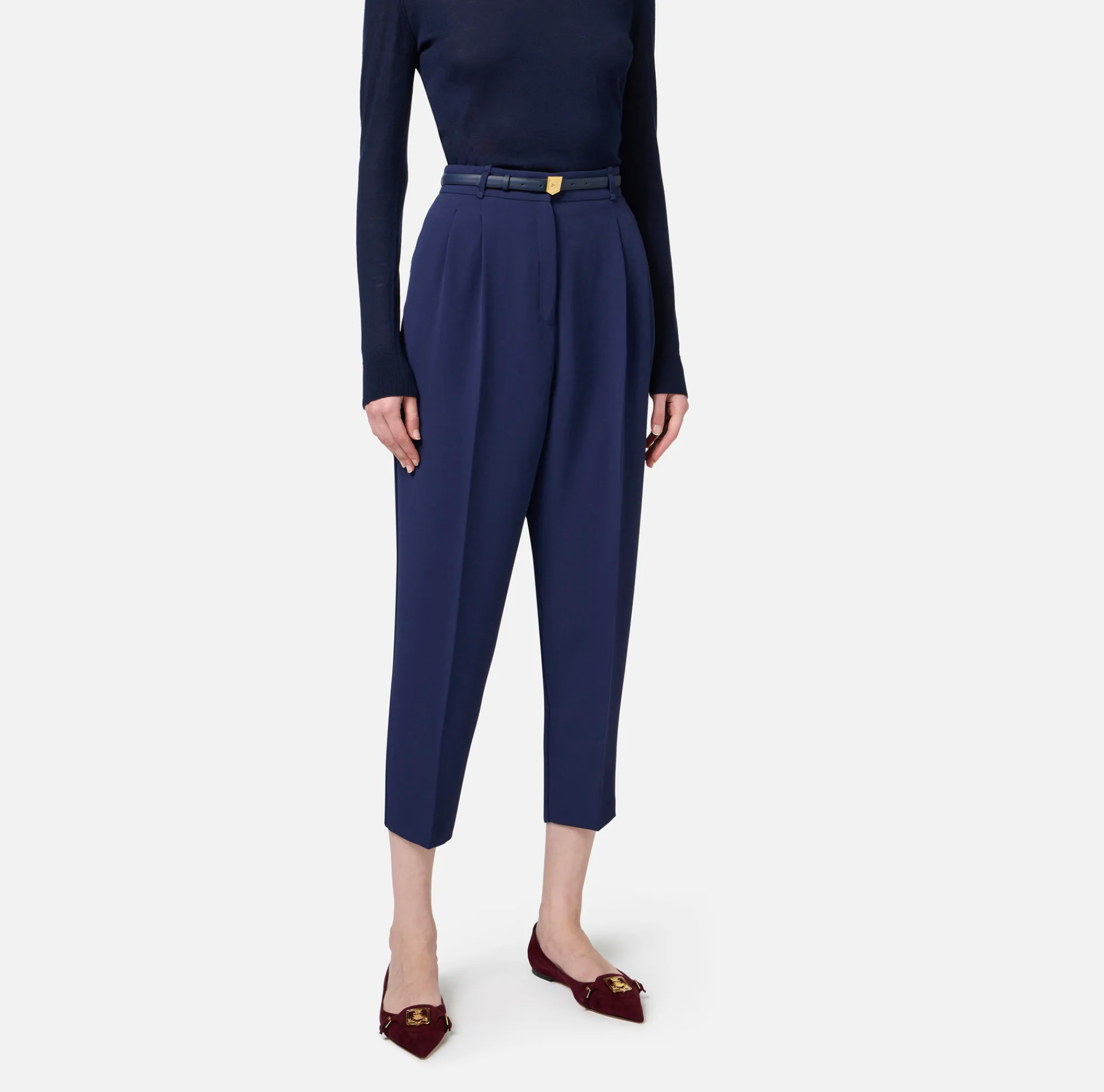 Elisabetta Franchi Trousers And Shorts|Trousers in crêpe fabric with belt and embroidery Navy