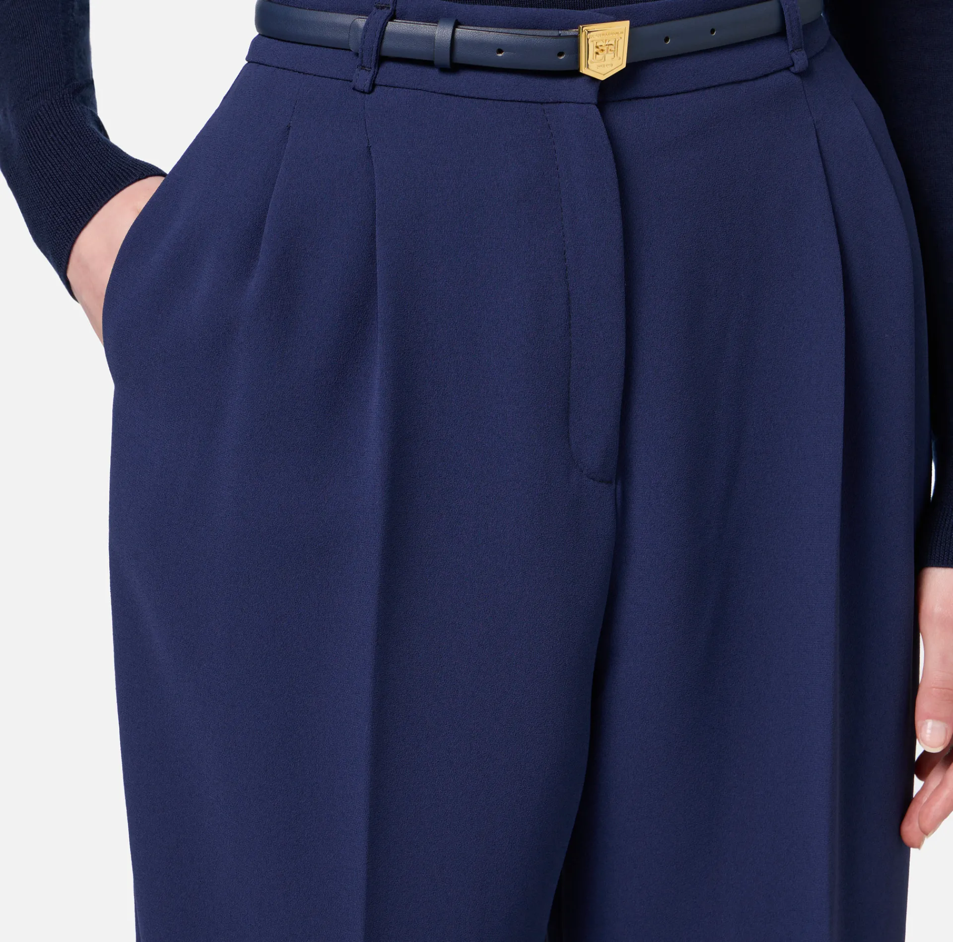 Elisabetta Franchi Trousers And Shorts|Trousers in crêpe fabric with belt and embroidery Navy