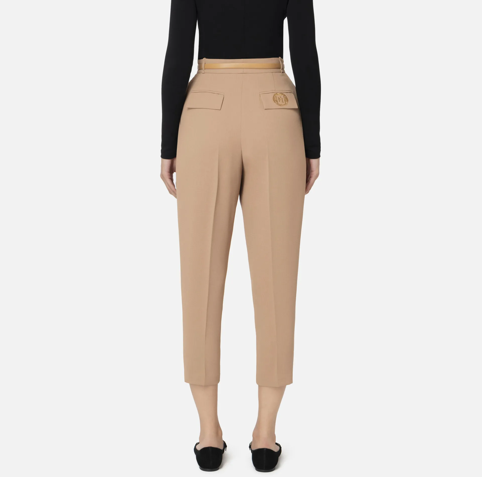 Elisabetta Franchi Trousers And Shorts|Trousers in crêpe fabric with belt and embroidery Camel