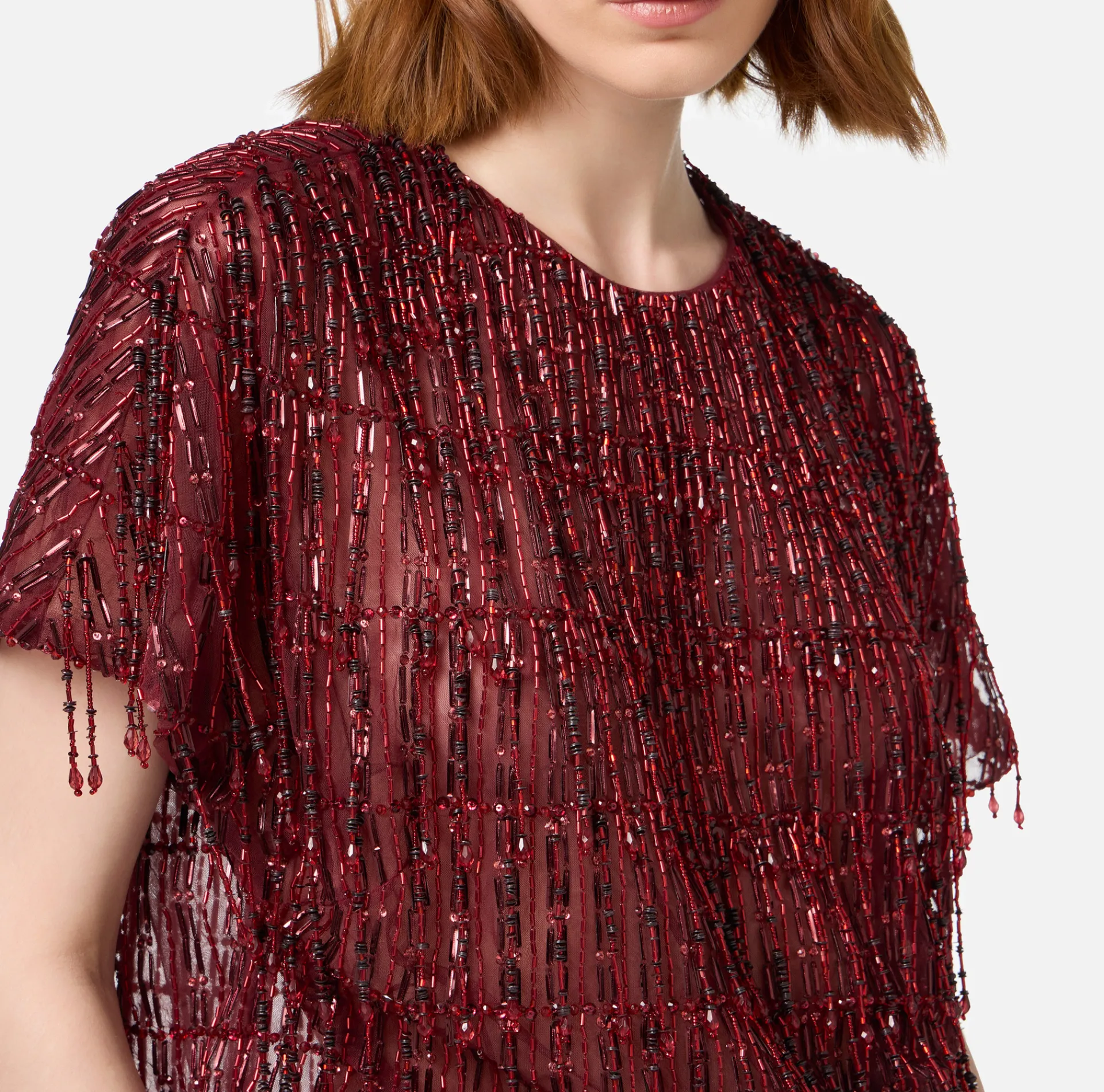 Elisabetta Franchi Top And T-Shirts|Tulle boxy top embroidered with sequins RougeNoir