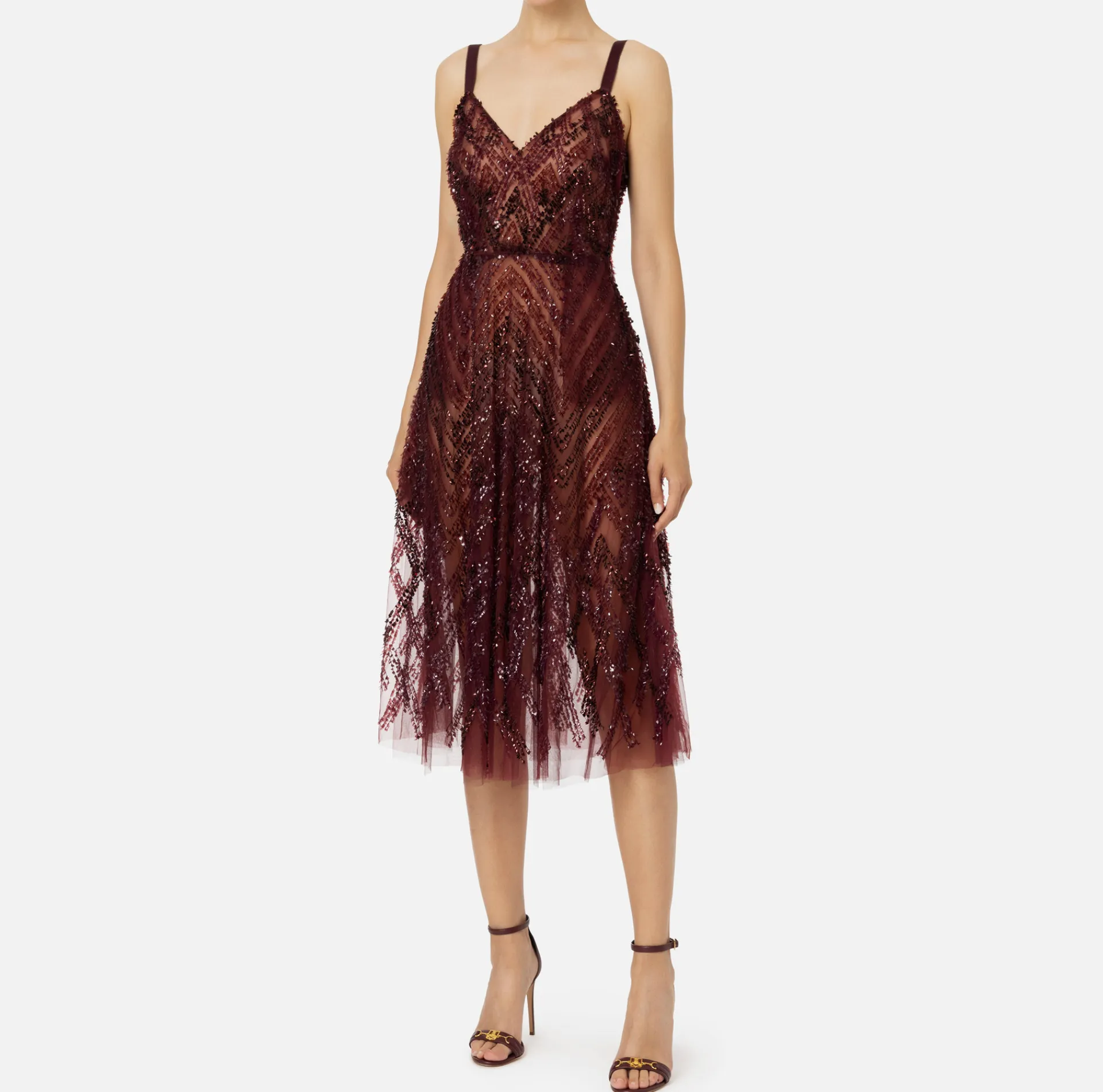 Elisabetta Franchi Red Carpet Dresses|Midi Dresses|Tulle midi dress with chevron pattern sequin embroidery RougeNoir