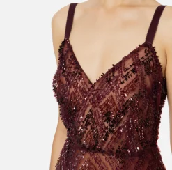 Elisabetta Franchi Red Carpet Dresses|Midi Dresses|Tulle midi dress with chevron pattern sequin embroidery RougeNoir