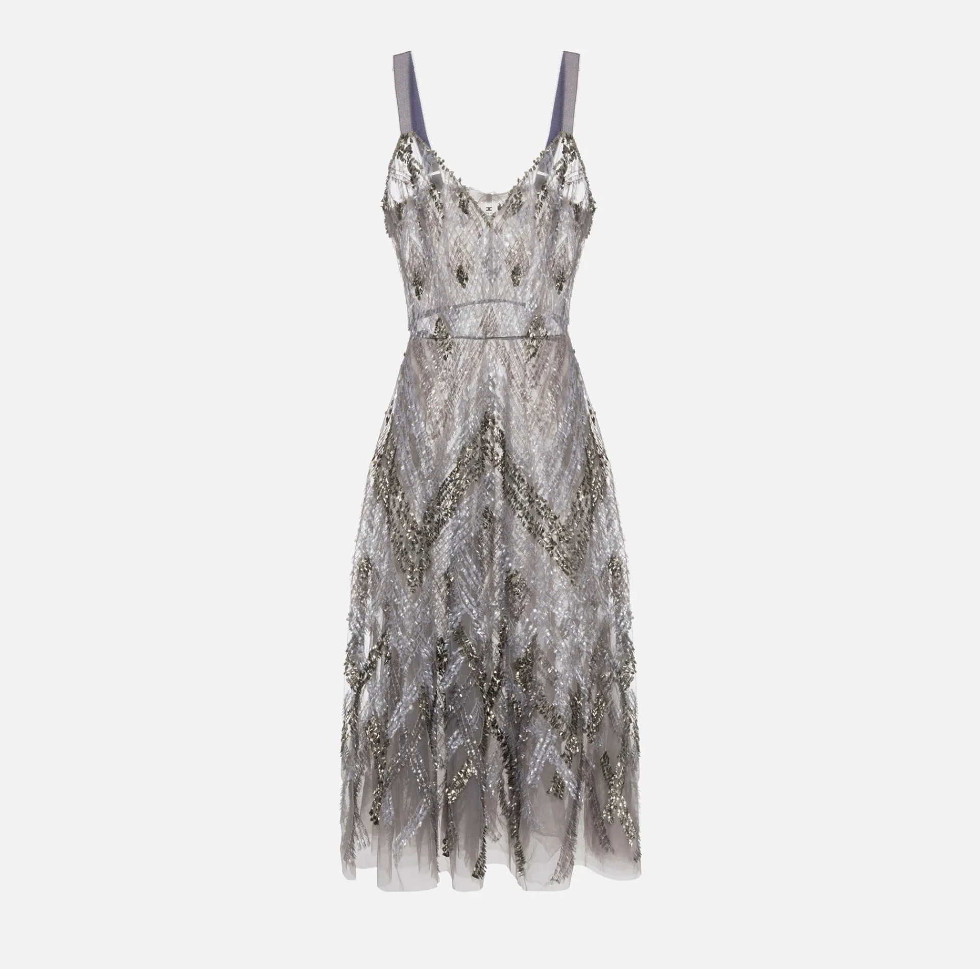 Elisabetta Franchi Red Carpet Dresses|Midi Dresses|Tulle midi dress with chevron pattern sequin embroidery Steel