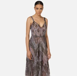 Elisabetta Franchi Red Carpet Dresses|Midi Dresses|Tulle midi dress with chevron pattern sequin embroidery Steel