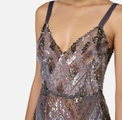 Elisabetta Franchi Red Carpet Dresses|Midi Dresses|Tulle midi dress with chevron pattern sequin embroidery Steel