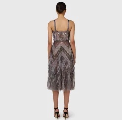 Elisabetta Franchi Red Carpet Dresses|Midi Dresses|Tulle midi dress with chevron pattern sequin embroidery Steel