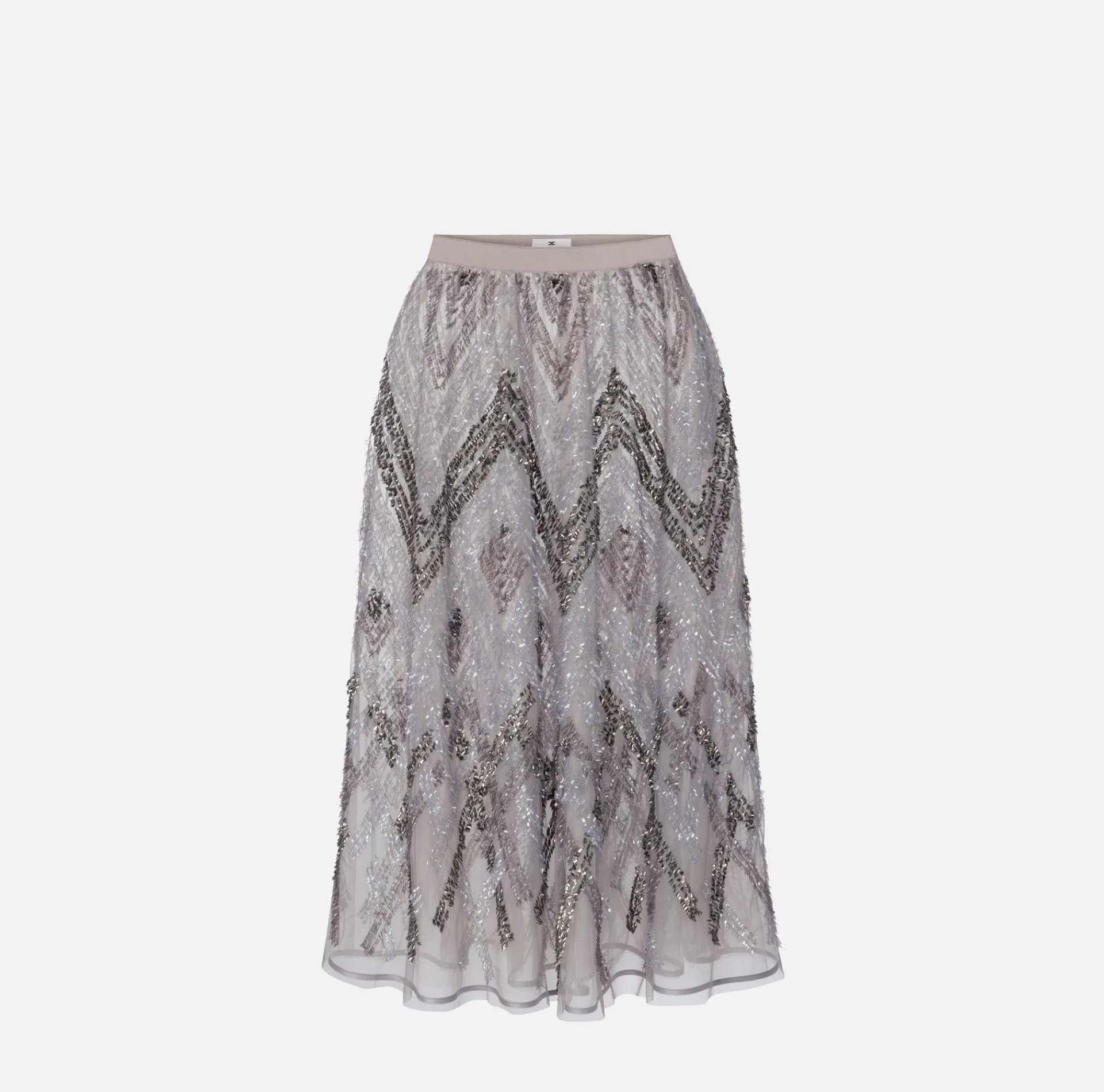 Elisabetta Franchi Skirts|Tulle midi skirt with chevron pattern sequin embroidery Steel