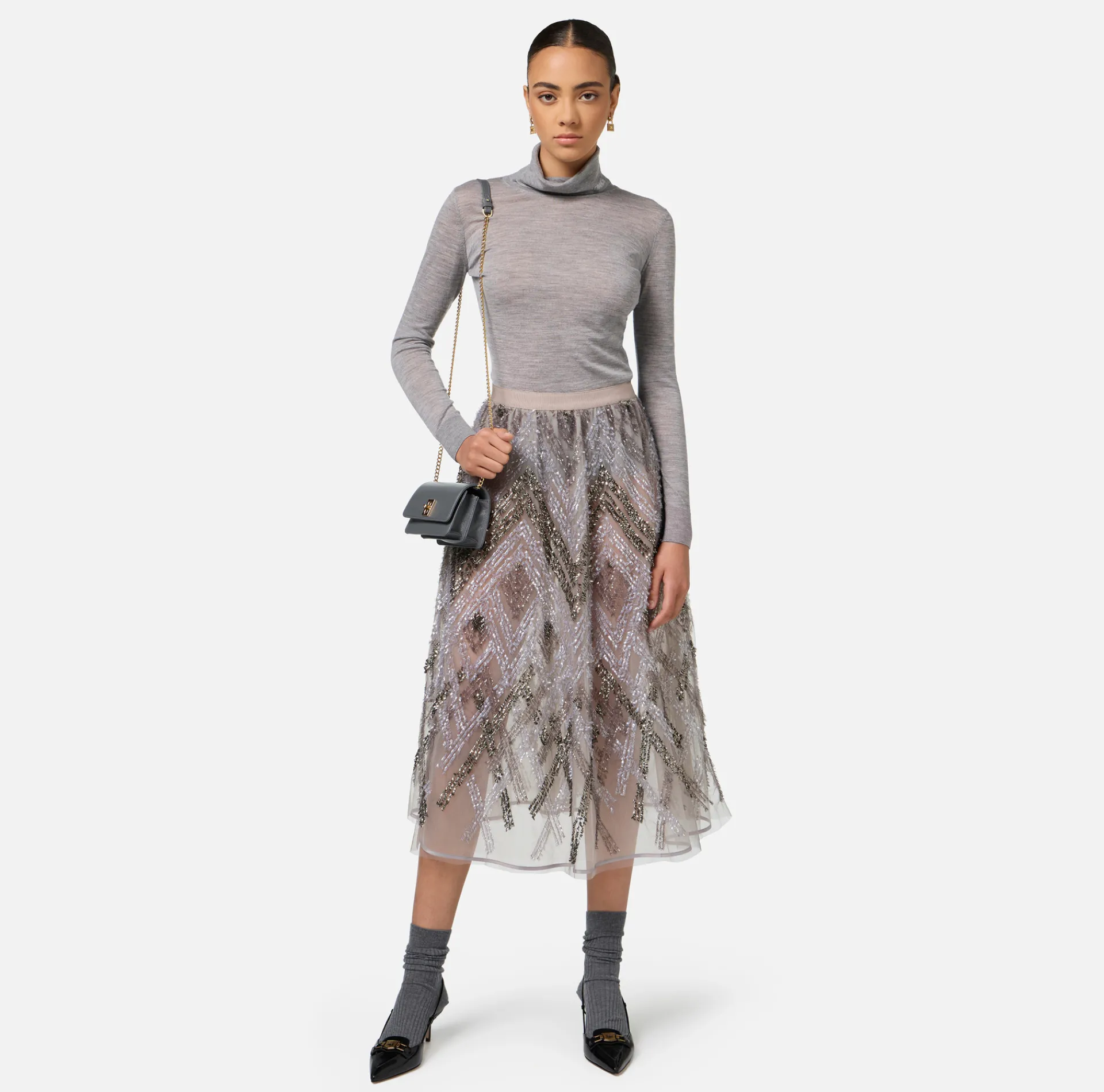 Elisabetta Franchi Skirts|Tulle midi skirt with chevron pattern sequin embroidery Steel