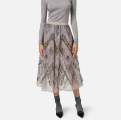 Elisabetta Franchi Skirts|Tulle midi skirt with chevron pattern sequin embroidery Steel