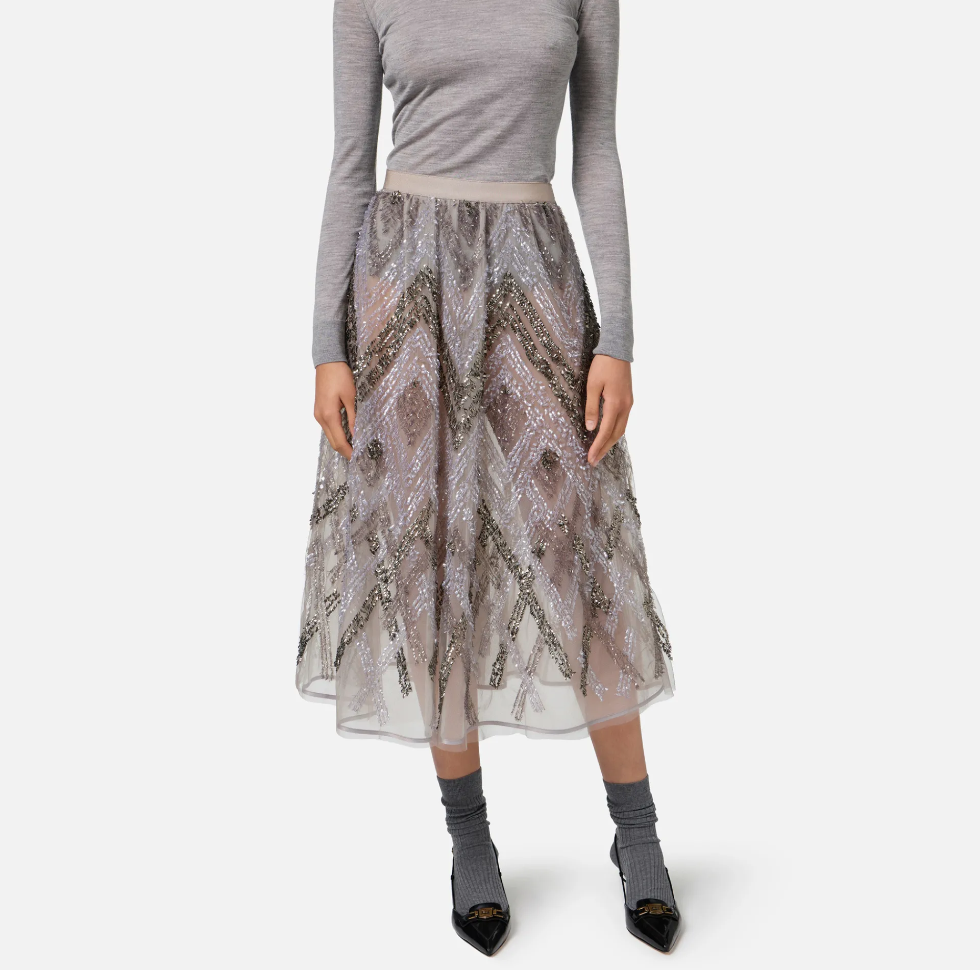Elisabetta Franchi Skirts|Tulle midi skirt with chevron pattern sequin embroidery Steel