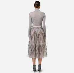Elisabetta Franchi Skirts|Tulle midi skirt with chevron pattern sequin embroidery Steel